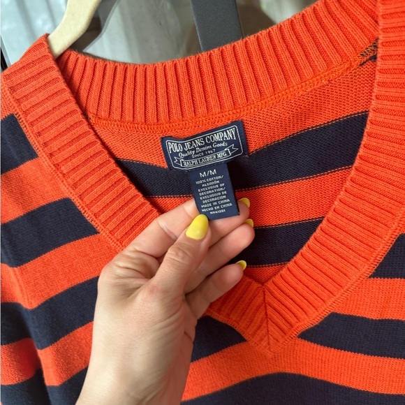 Vintage Polo Jeans Co Ralph Lauren USA Flag embroidered Sweater Navy Striped - Picture 3 of 5